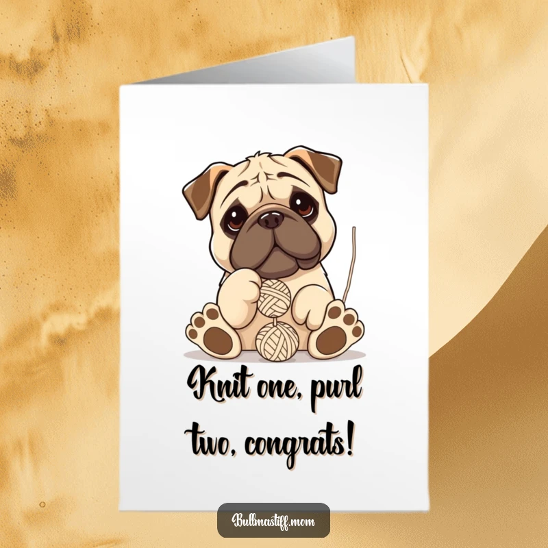Free Printable Congratulations Card: Adorable Bullmastiff hilariously tangled in yarn, celebrating achievements with wagging tail.