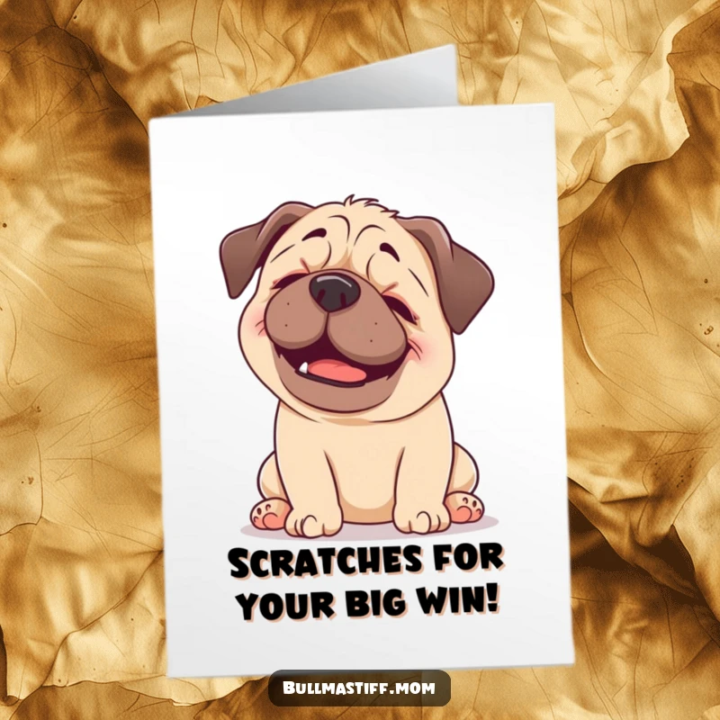 Funny Free Printable Congrats Card: A happy Bullmastiff tilting its head, enjoying a head scratch, conveying peaceful celebration and joy.