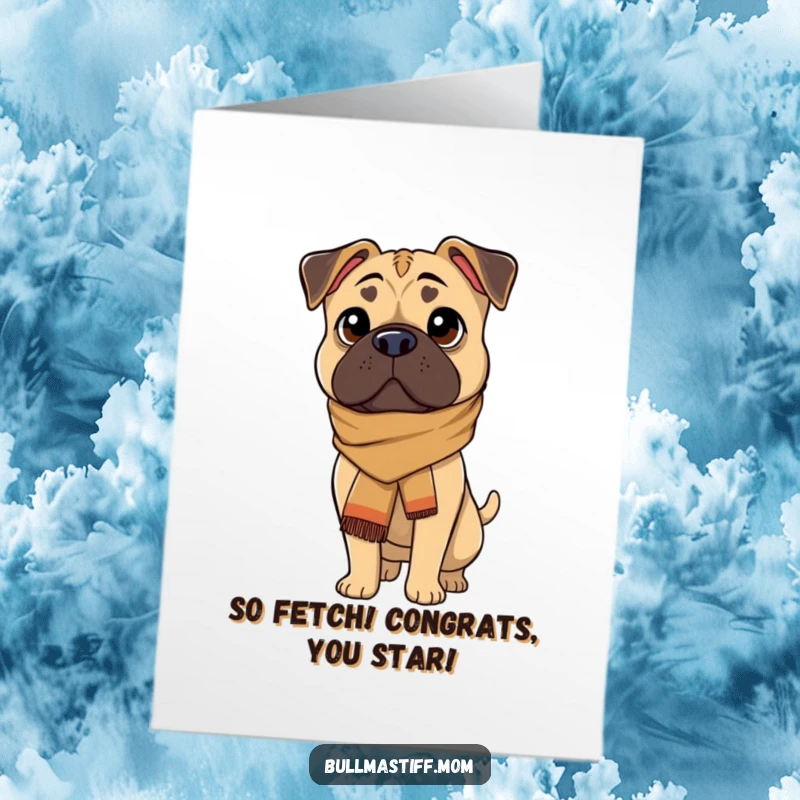 Funny Free Printable sophisticated Bullmastiff in a scarf, exuding elegance for a congratulations card.
