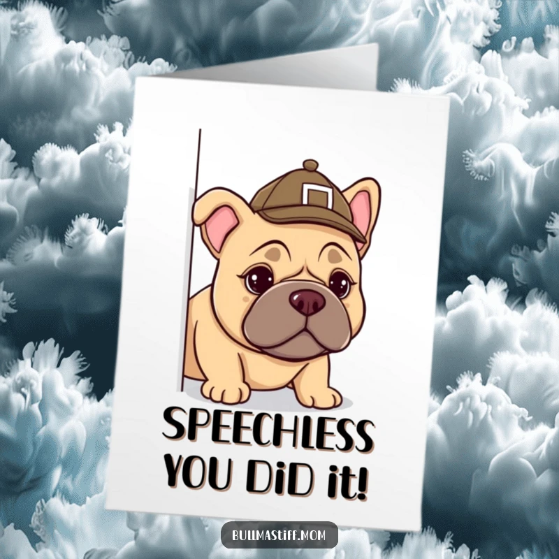 Funny Free Printable Bullmastiff detective in a tiny hat, peeking around a corner, perfect for congratulations.