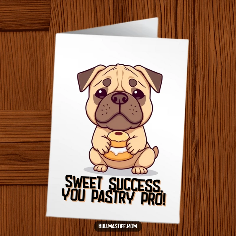 Funny Free Printable Congratulations Card: A Bullmastiff with a gentle smile balances a delicious pastry.