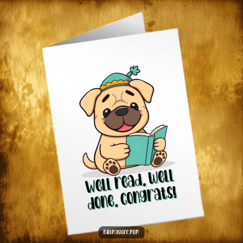 Funny Free Printable Congratulations Card: A smiling Bullmastiff wearing a cute hat enjoys a captivating book.