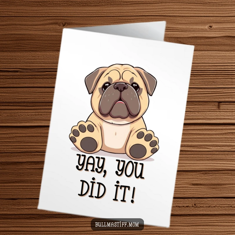 Funny Free Printable Congrats Card: Bullmastiff with large paws holding out a toy, ready to share.