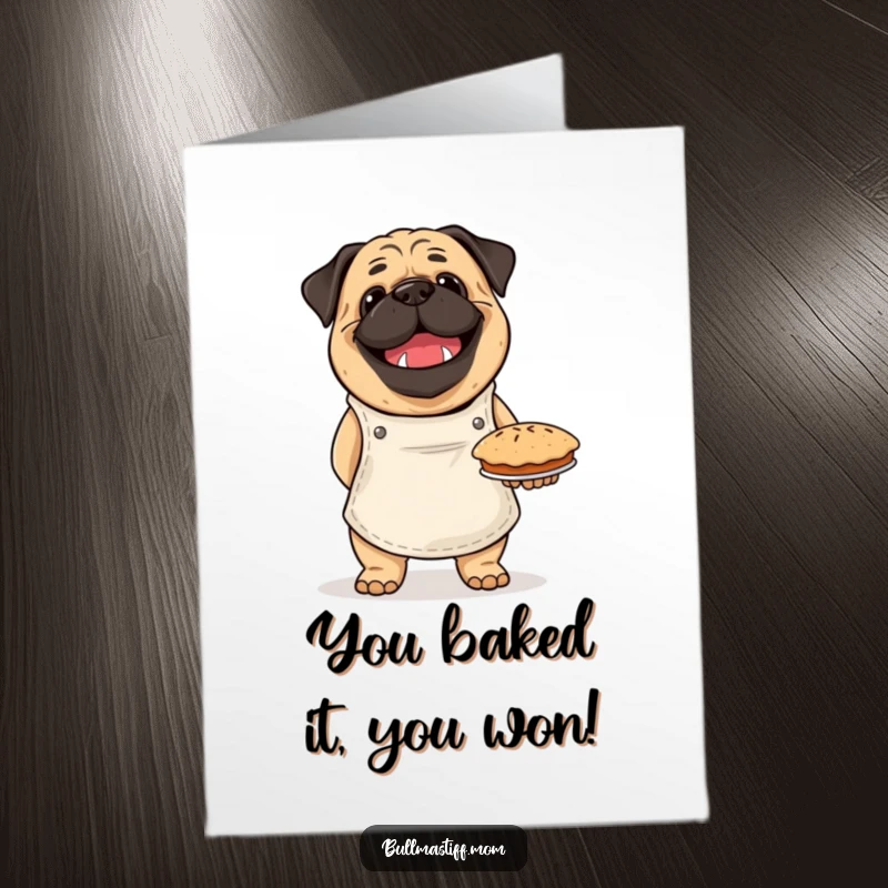 Funny Free Printable Congrats Card: A smiling Bullmastiff in an apron holds a golden-brown pie, celebrating a job well done.