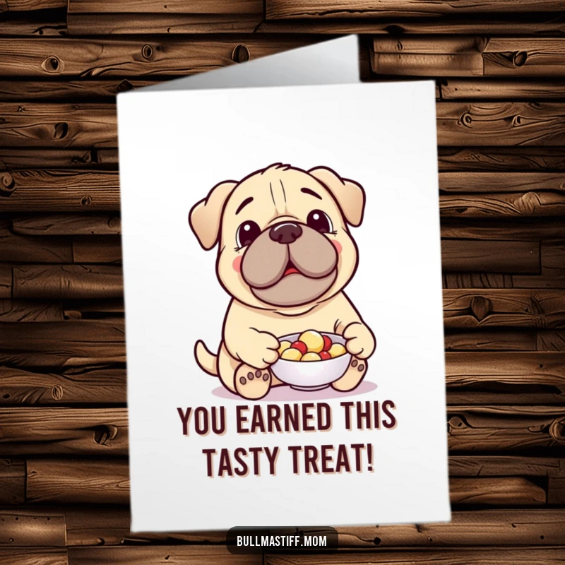 Funny Free Printable Congratulations Card: A cheerful Bullmastiff character presents a treat from a small dish.