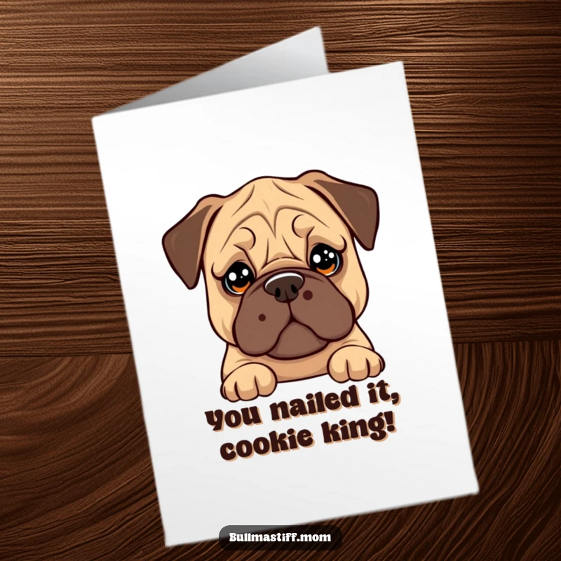 Funny Free Printable Congratulations Card: Bullmastiff balances cookie on nose, celebrating a triumph with soulful eyes.