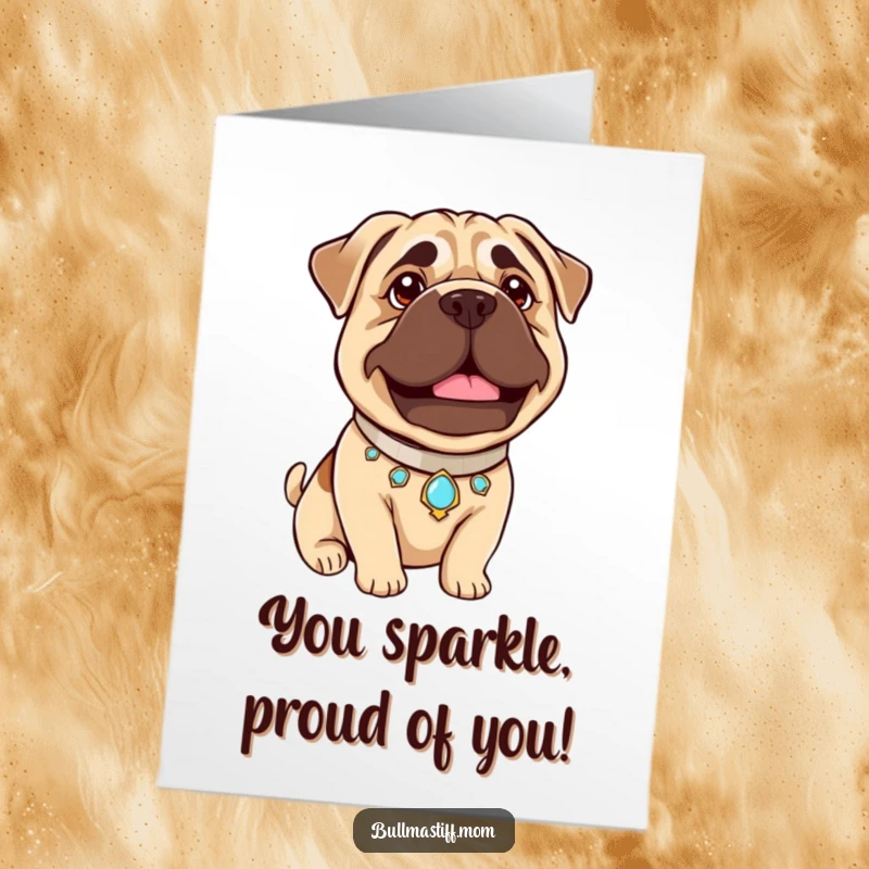 Funny Free Printable Congrats Card: Bullmastiff with a dazzling jeweled collar, radiating happiness and pride.