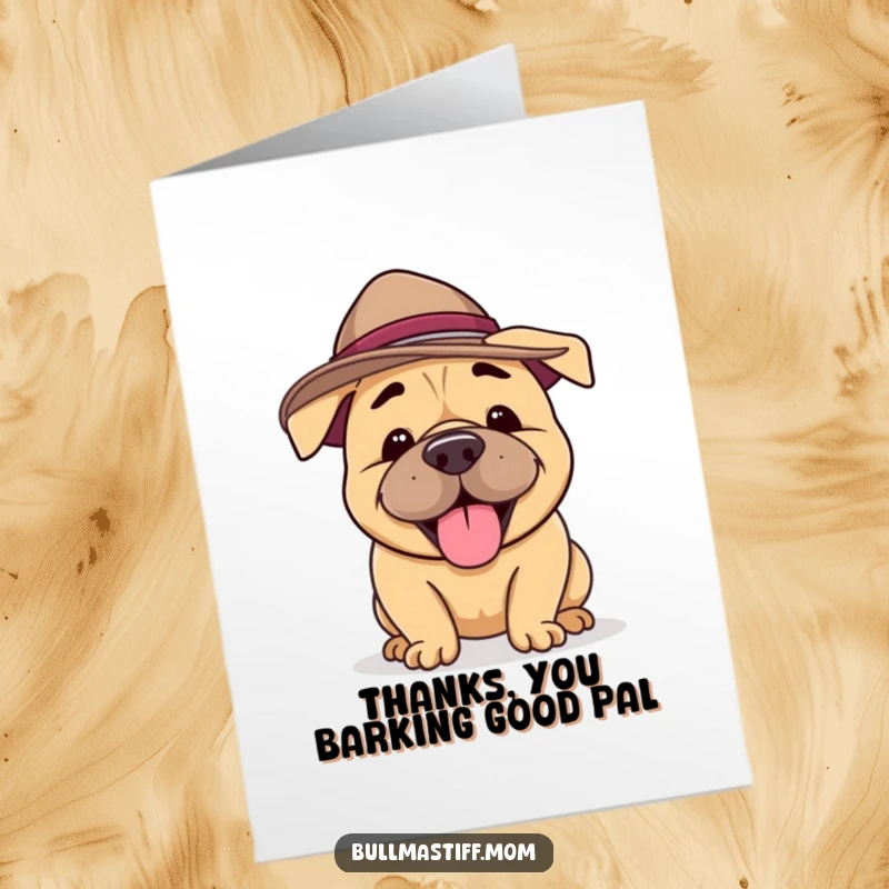 Funny Free Printable Thank You Card: A Bullmastiff in a silly hat happily barks its thanks.