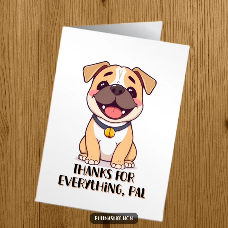 Funny Free Printable Thank You Card: A Bullmastiff offers a huge, happy smile and a jingling bell collar, expressing heartfelt thanks.