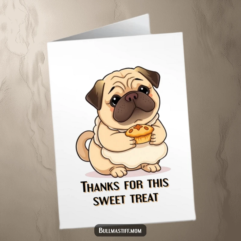 Funny Free Printable Thank You Card: Bullmastiff baker in an apron, gently holding a tiny pie.