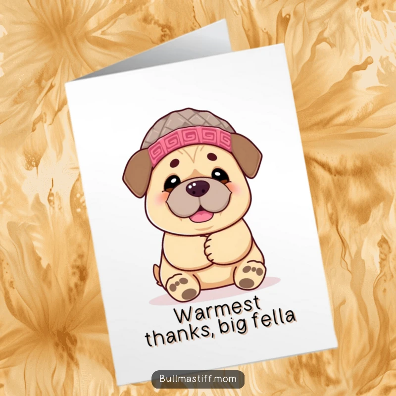 Funny Free Printable Thank You Card: A friendly Bullmastiff in a knitted hat offers a huge, heartwarming hug, perfect for saying thanks.