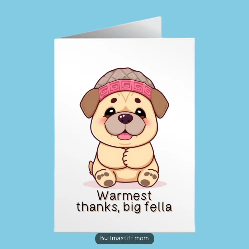 Free Printable Thank You Card: Bullmastiff Hug! Cozy Hat, Funny Downloadable Gift.