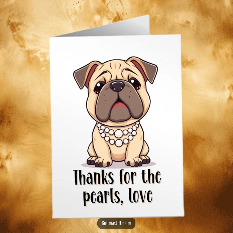 Free Printable Thank You Card: A Bullmastiff looks distinguished and regal while wearing a small, elegant pearl necklace.