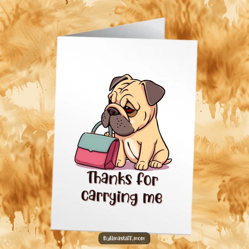 Funny Free Printable Thank You Card: Bullmastiff with a dainty handbag, looking curiously at its contents.