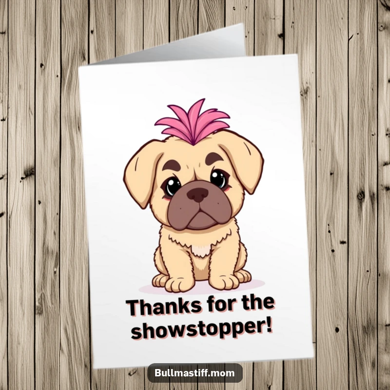 Funny Free Printable Thank You Card: A bullmastiff posing dramatically with a fluffy boa, offering a glamorous and humorous thanks.