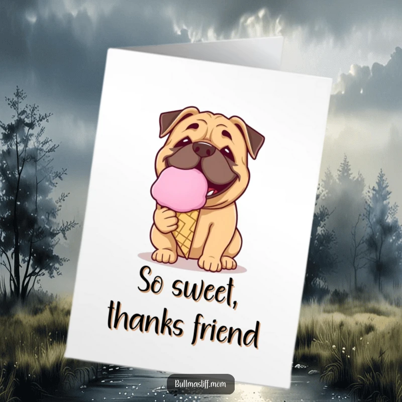 Funny Free Printable Thank You Card: Bullmastiff with a big grin licking a giant ice cream cone.