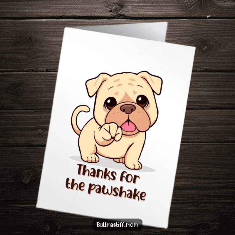 Funny Free Printable Thank You Card: A Bullmastiff with a happy wagging tail offers its paw for a thankful handshake.