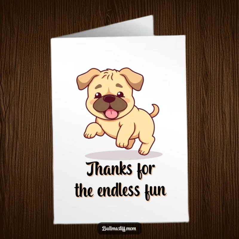 Funny Free Printable Thank You Card: A Bullmastiff with floppy ears spinning happily, sending thanks in a whirlwind.