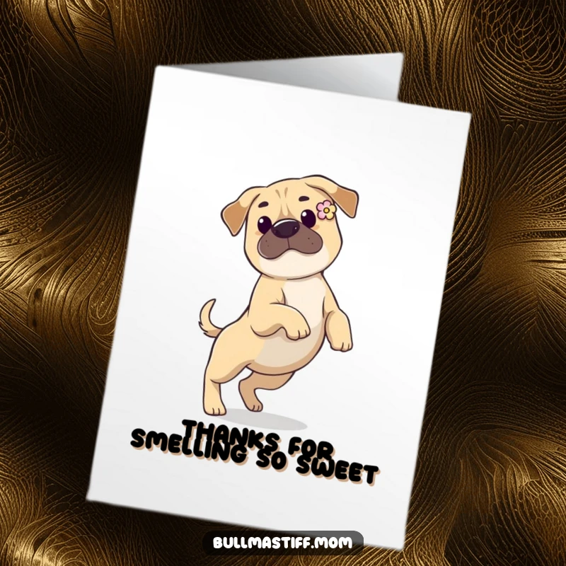 Funny Free Printable Thank You Card: A playful Bullmastiff with a flower in its ear prances gracefully, saying thank you.