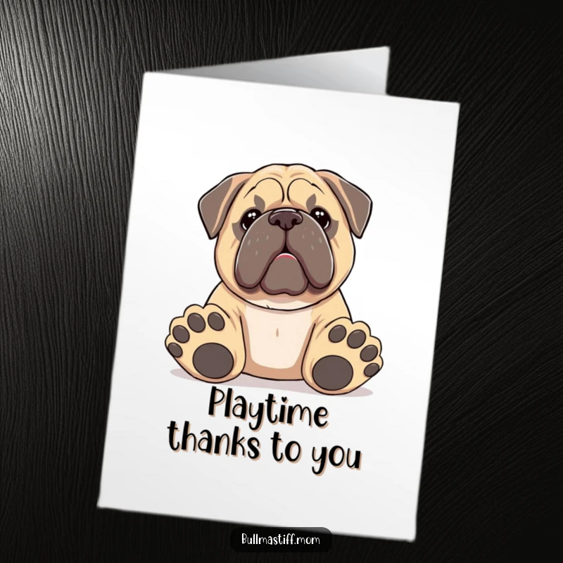 Funny Free Printable Thank You Card: Bullmastiff with big paws offering a toy, a symbol of friendship.