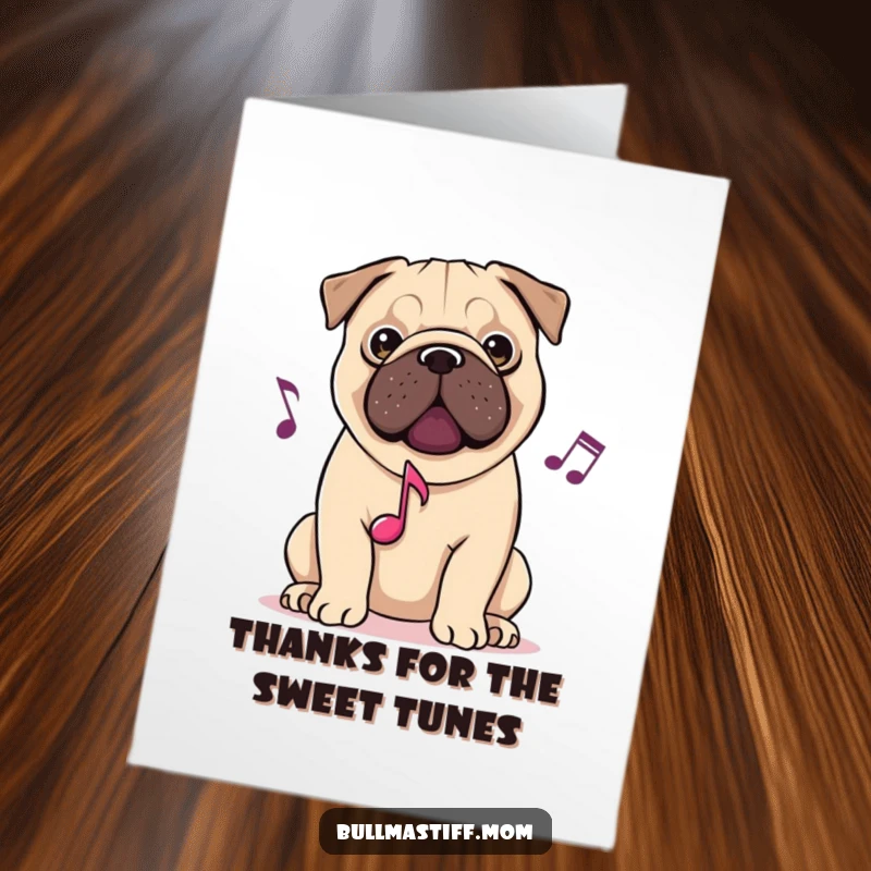 Free Printable Thank You Card: A Bullmastiff with a musical note, creating a sweet and thankful melody.