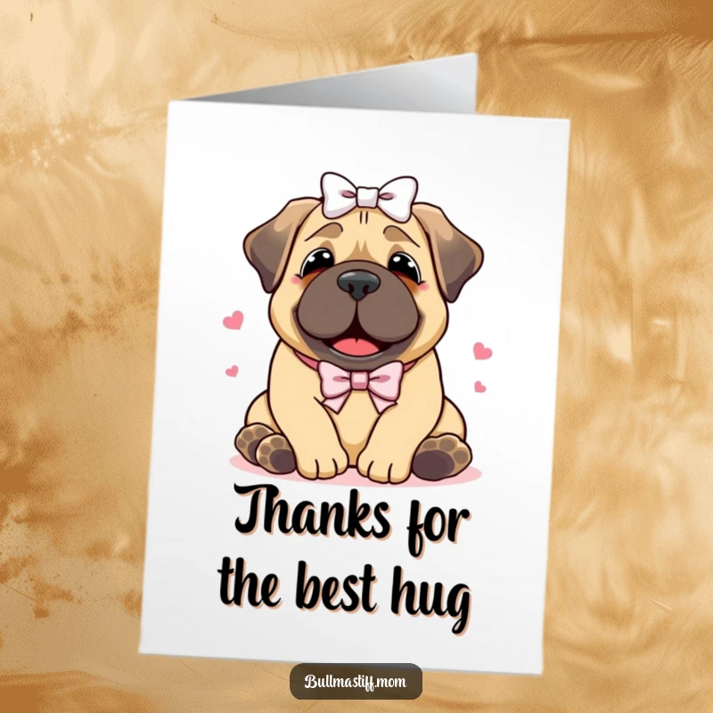 Funny Free Printable Thank You Card: A happy Bullmastiff with a bow on its head giving a warm hug, showing thanks.