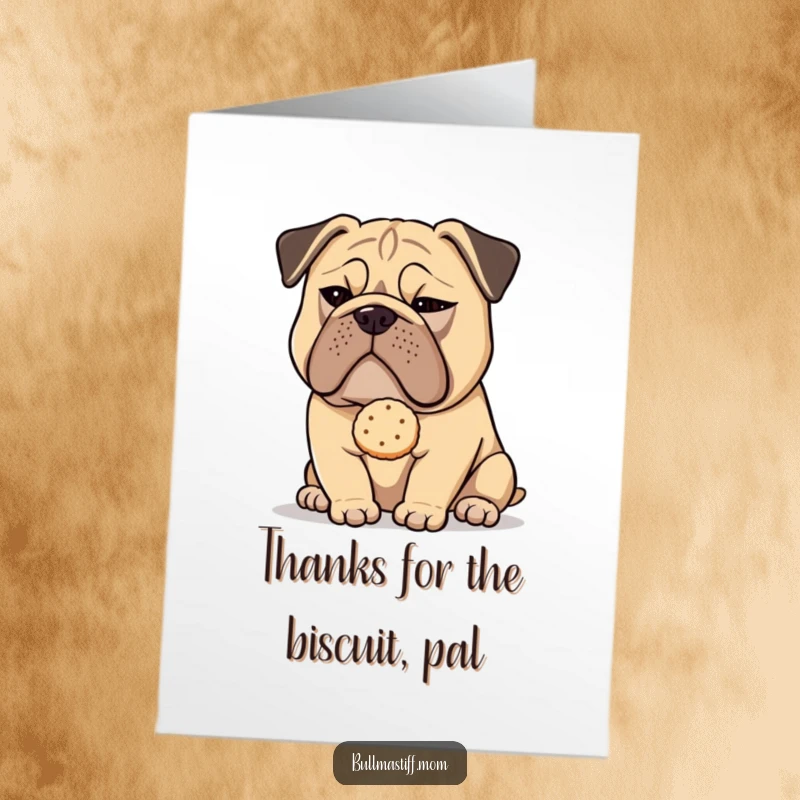 Free Printable Thank You Card: A Bullmastiff gives a sly wink as it presents a delicate tea biscuit as thanks.