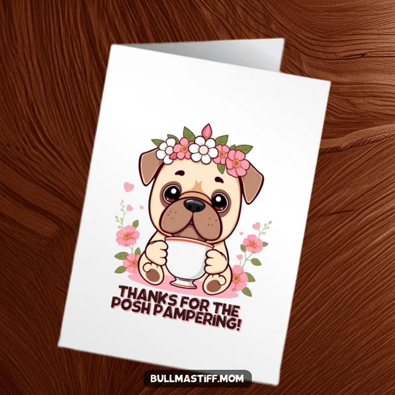 Funny Free Printable Thank You Card: A Kawaii Bullmastiff wearing a floral crown, holding a teacup, expressing thanks.