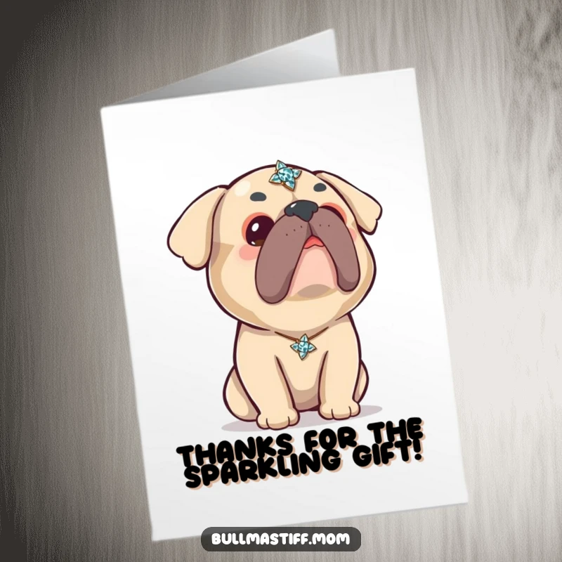 Funny Free Printable Thank You Card: A Kawaii Bullmastiff looks up admiringly at a beautiful, sparkling brooch.
