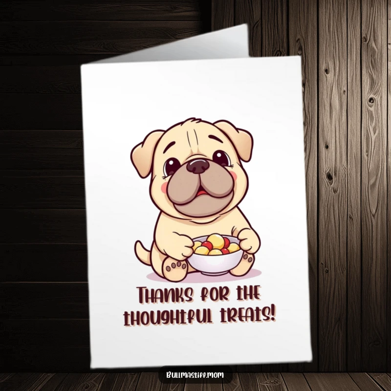 Funny Free Printable Thank You Card: A cheerful Bullmastiff offers a delicious treat from a small dish as thanks.