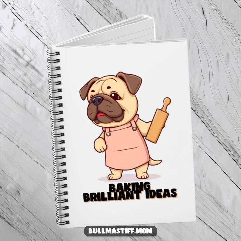 Funny Bullmastiff notebook featuring a dog in a cute apron proudly holding a rolling pin, baking journal.