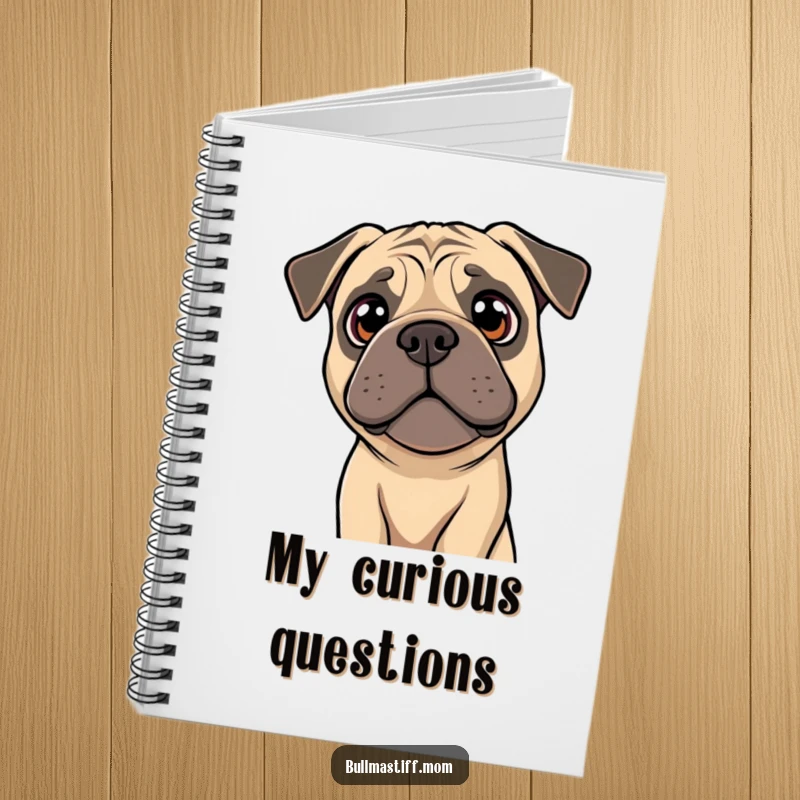 Funny Bullmastiff notebook showing a dog tilting its head with bright, curious eyes, perfect for jotting down ideas.