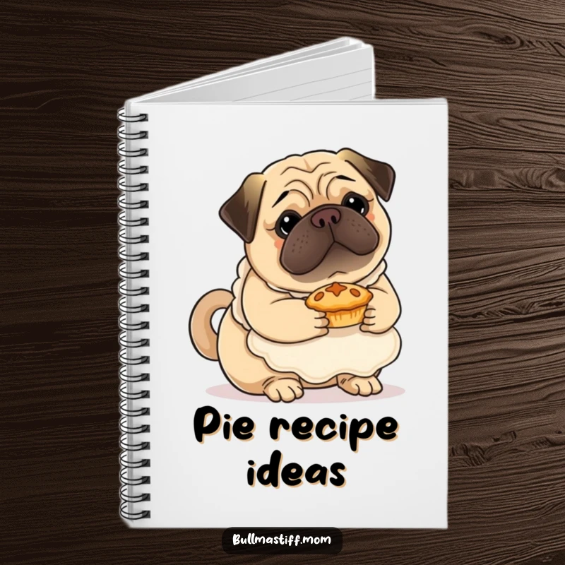 Funny Bullmastiff notebook featuring a dog in a fluffy apron, holding a tiny pie, perfect for recipe writing.