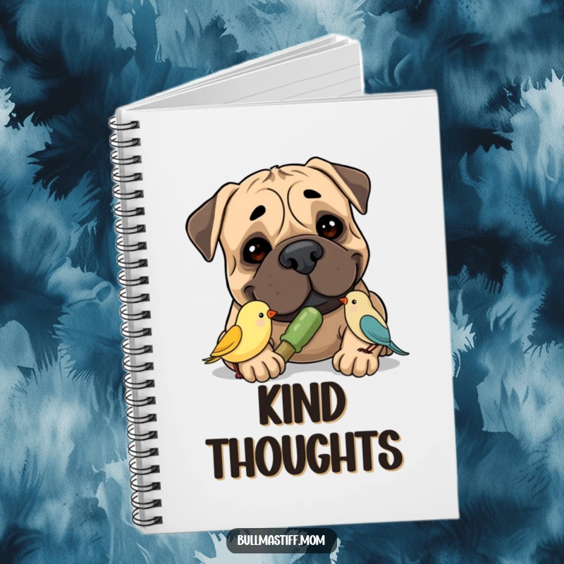 Funny Bullmastiff Notebook with a smiling Bullmastiff sharing a chew toy with a tiny bird, perfect for jotting down kind thoughts.