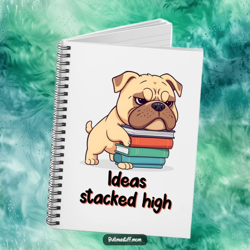 Funny Bullmastiff notebook with a dog and a grimace balancing books, perfect for jotting down scholarly or humorous notes. Gift.