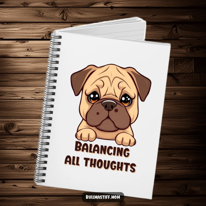 Funny Bullmastiff notebook featuring a dog with big, soulful eyes trying to balance a cookie on its nose.