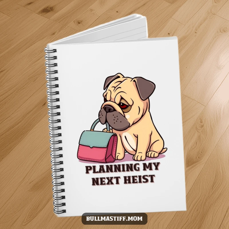 Funny Bullmastiff Handbag Notebook: A Bullmastiff contemplates its dainty handbag, ideal for capturing fashionable and funny notes.