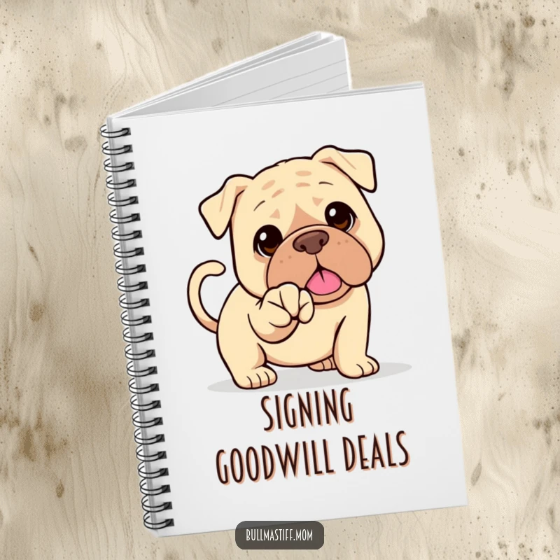 Funny Bullmastiff notebook with a happy dog and wagging tail offering its paw for a handshake. Friendly notes gift.