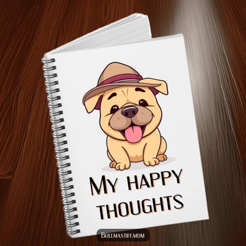 Funny Bullmastiff Notebook with a happy dog in a silly hat, perfect for jotting down joyful, humorous thoughts.