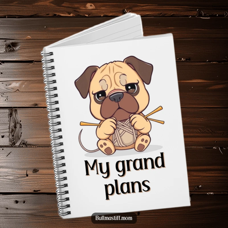 Funny Bullmastiff notebook featuring a determined dog attempting to knit with yarn and needles, a humorous crafting journal.
