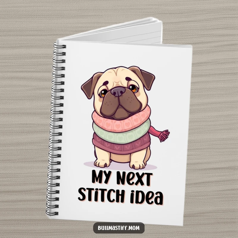 Funny Bullmastiff knitting a scarf, featured on a notebook cover for creative inspiration.