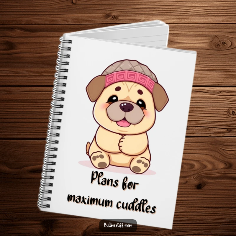 Funny Bullmastiff notebook cover with a chemoerful dog in a hat, paws extended for a large, comforting, and humorous hug.