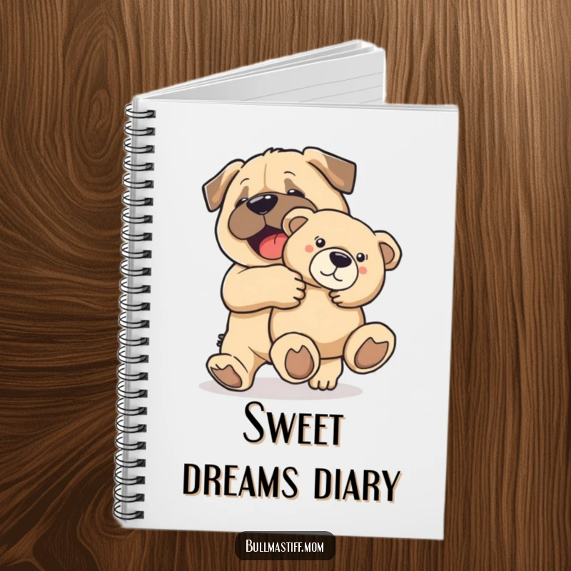Funny Bullmastiff dog joyfully carrying a teddy bear, featured on a notebook for jotting down happy thoughts.