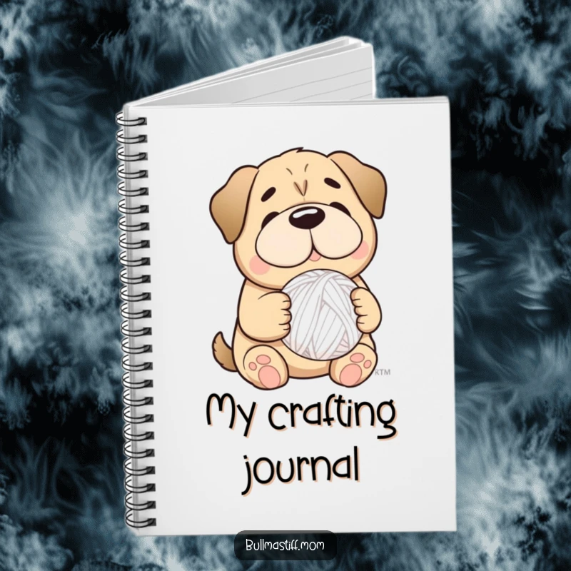 Funny Bullmastiff dog smiling and holding a yarn ball, featured on a notebook for jotting down creative thoughts.