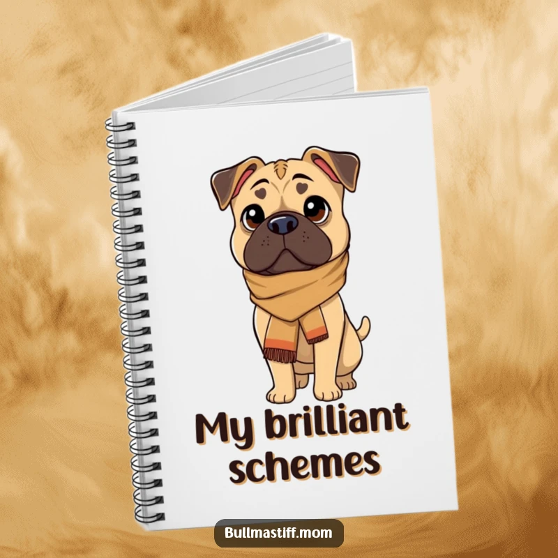 Funny Bullmastiff dog wearing a scarf, looking sophisticated, featured on a notebook for jotting down important notes.