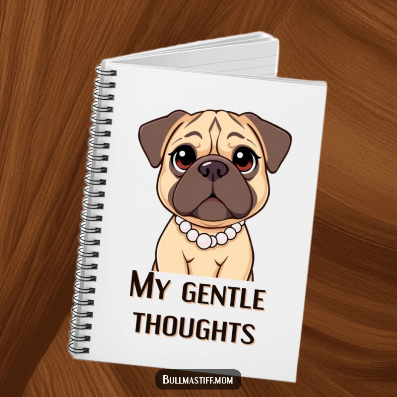 Funny Bullmastiff Notebook featuring a large dog with kind eyes wearing a pearl necklace, inspiring kind writing and humorous reflections.