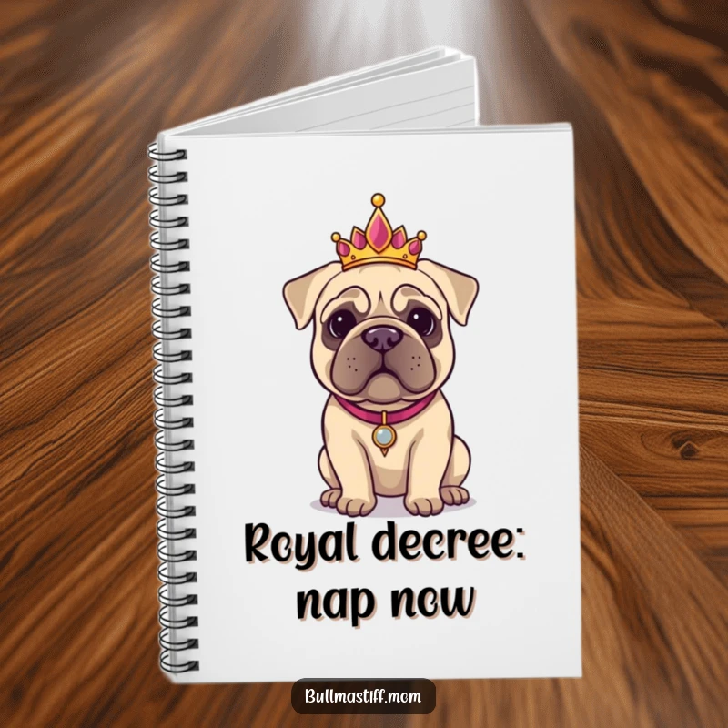 Funny Bullmastiff wearing a tiara, posing majestically on a notebook, inspiring regal thoughts.