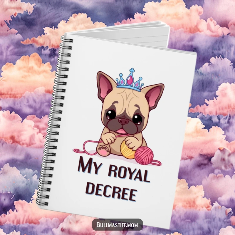 Funny Bullmastiff notebook with a dog wearing a tiara, hilariously playing with yarn, ideal for jotting down ideas with a smile.