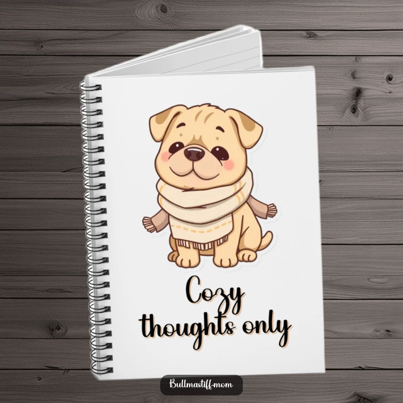 Funny Bullmastiff notebook with a content dog wearing a soft scarf, perfect for jotting down cozy thoughts and humorous ideas. Gift idea.