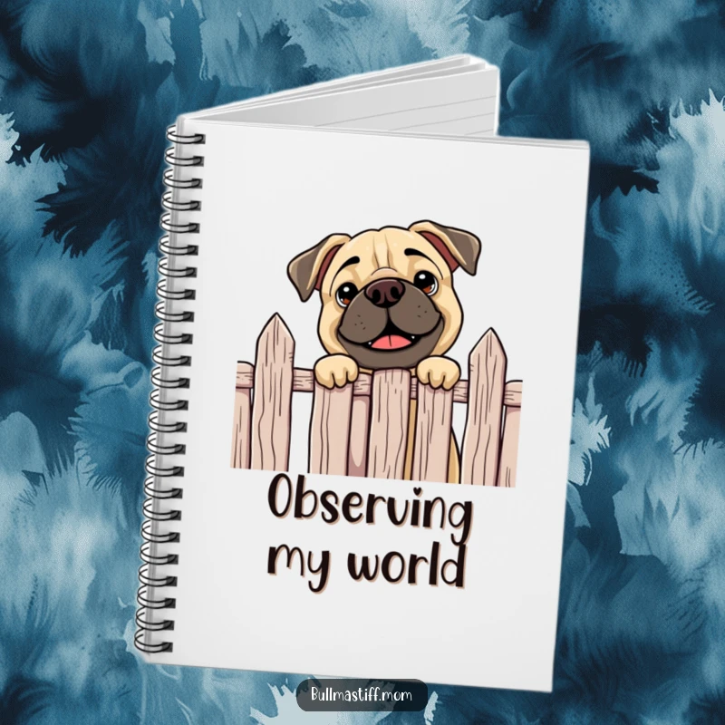 Funny Bullmastiff notebook with a curious dog happily peeking over a fence, perfect for jotting down curious thoughts and notes.